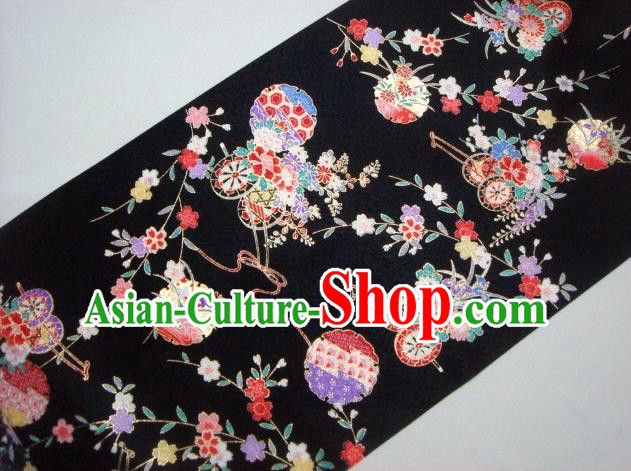 Asian Traditional Kimono Classical Flowers Gharry Pattern Black Brocade Tapestry Satin Fabric Japanese Kyoto Silk Material