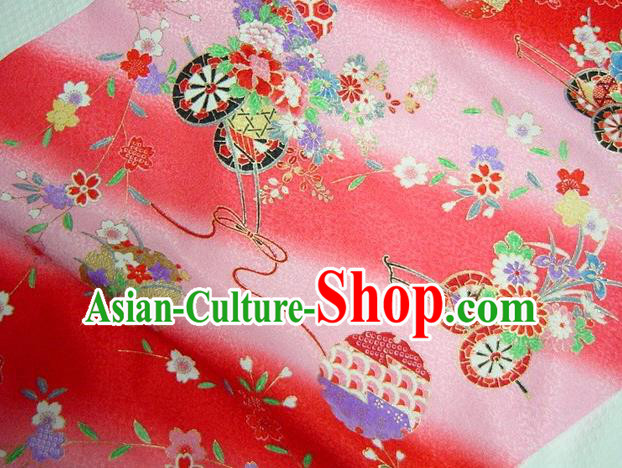 Asian Traditional Kimono Classical Flowers Gharry Pattern Red Brocade Tapestry Satin Fabric Japanese Kyoto Silk Material