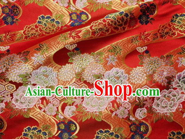 Asian Traditional Classical Peony Pattern Red Damask Brocade Fabric Japanese Kimono Tapestry Satin Silk Material