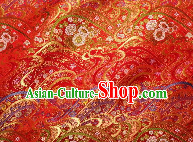 Asian Traditional Classical Peony Flowers Pattern Red Damask Brocade Fabric Japanese Kimono Tapestry Satin Silk Material