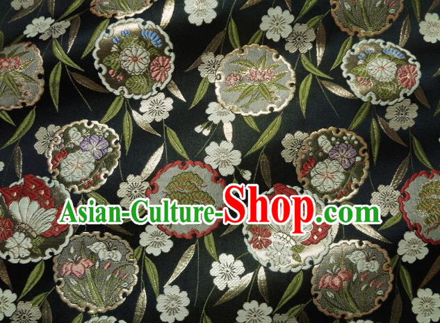 Asian Japanese Traditional Brocade Classical Bamboo Leaf Pattern Black Baldachin Fabric Kimono Tapestry Satin Silk Material
