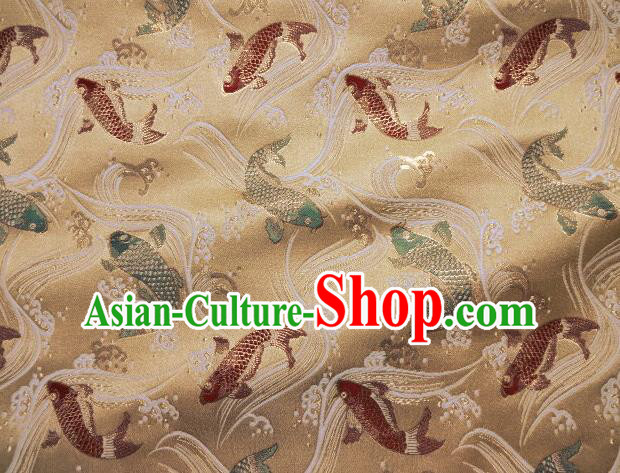 Asian Traditional Japanese Kimono Classical Fishes Pattern Golden Tapestry Satin Brocade Fabric Baldachin Silk Material
