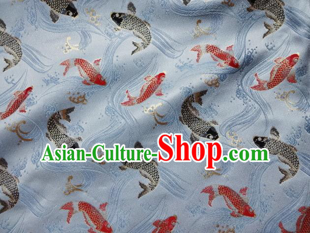Asian Traditional Japanese Kimono Classical Fishes Pattern Blue Tapestry Satin Brocade Fabric Baldachin Silk Material