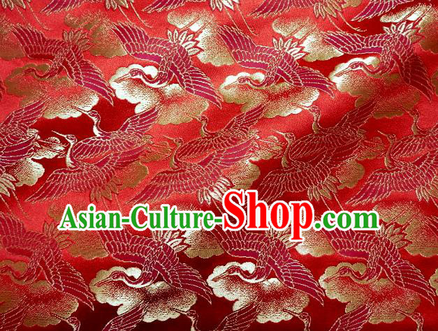 Asian Traditional Japanese Kimono Classical Cranes Pattern Red Brocade Tapestry Satin Fabric Baldachin Silk Material