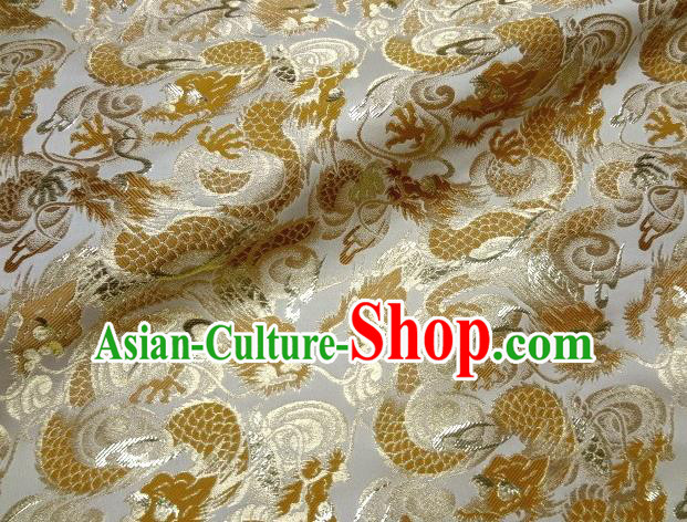 Asian Japanese Traditional White Brocade Fabric Classical Golden Dragons Pattern Baldachin Kimono Tapestry Satin Silk Material