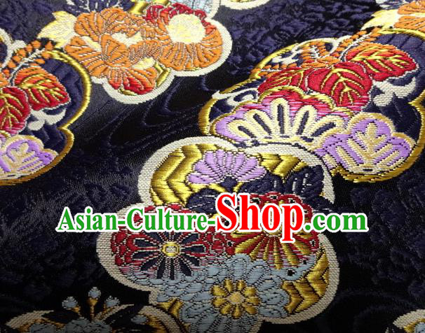 Asian Japanese Navy Tapestry Satin Traditional Kimono Classical Plum Blossom Pattern Brocade Fabric Baldachin Silk Material