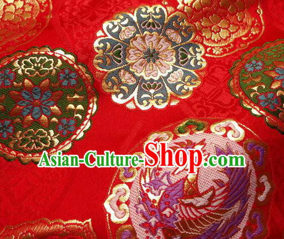 Asian Japanese Traditional Kimono Classical Phoenix Pattern Red Tapestry Satin Brocade Fabric Baldachin Silk Material