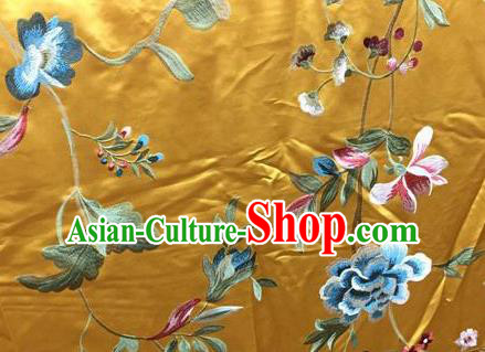 Asian Traditional Fabric Classical Embroidered Peony Pattern Yellow Watered Gauze Brocade Chinese Satin Silk Material