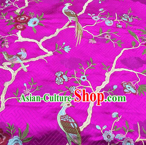 Asian Traditional Fabric Classical Embroidered Bird Flowers Pattern Rosy Brocade Chinese Satin Silk Material