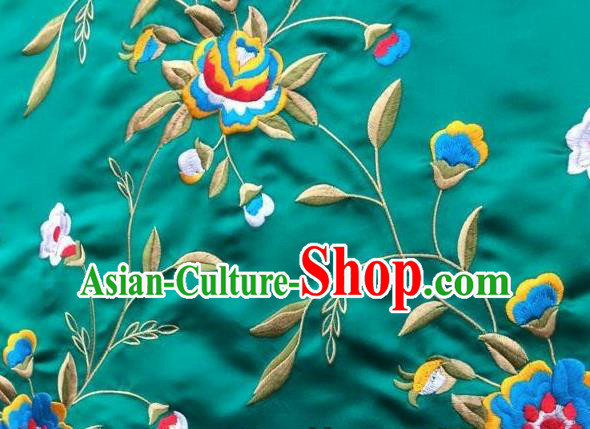 Asian Traditional Fabric Classical Embroidered Peony Flowers Pattern Green Brocade Chinese Satin Silk Material