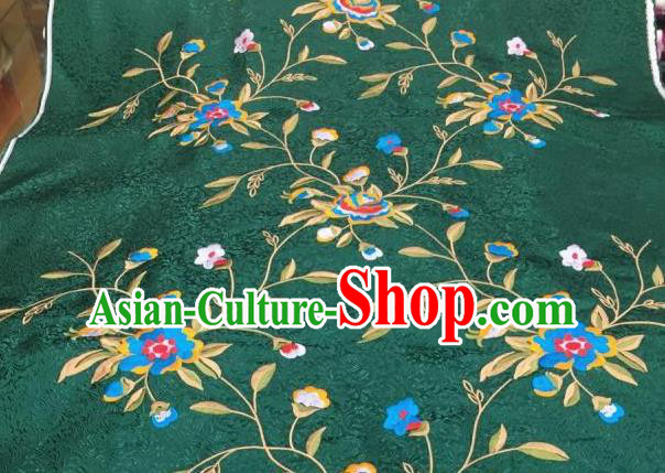 Asian Traditional Fabric Classical Embroidered Peony Flowers Pattern Green Brocade Chinese Satin Silk Material