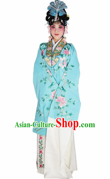 Chinese Traditional Beijing Opera Blue Embroidered Robe Ancient Palace Princess Costume for Women