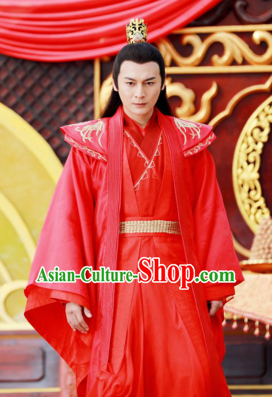 Drama Zhao Yao Chinese Ancient Swordsman Embroidered Wedding Red Replica Costume for Men