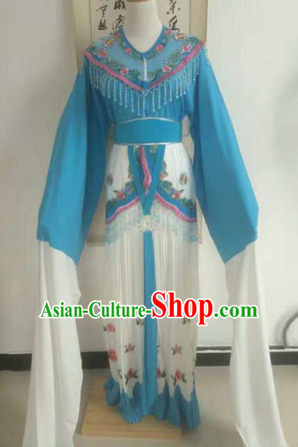 Traditional Chinese Peking Opera Diva Embroidered Blue Dress Ancient Nobility Lady Costume for Women
