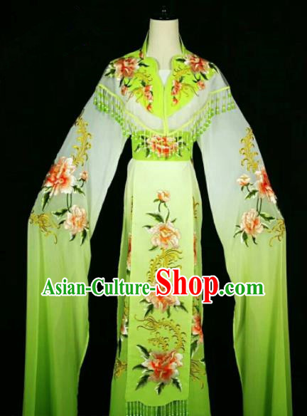 Traditional Chinese Peking Opera Peri Embroidered Peony Light Green Dress Ancient Court Princess Costume for Women