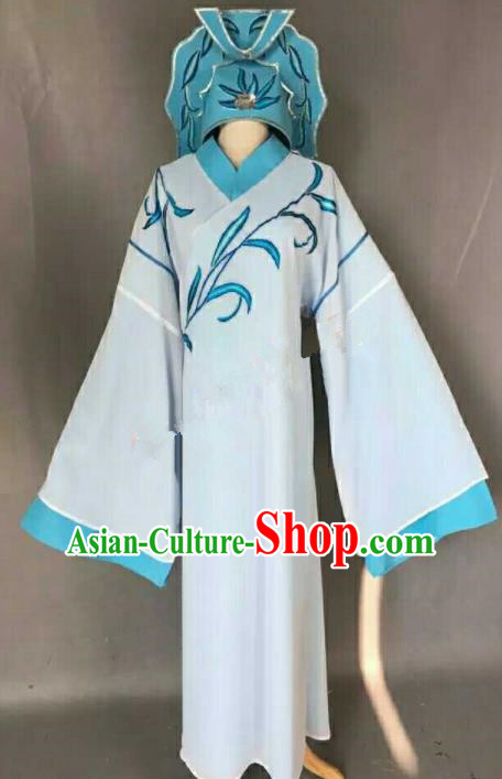Chinese Traditional Peking Opera Niche Costume Ancient Number One Scholar Embroidered Blue Robe for Men