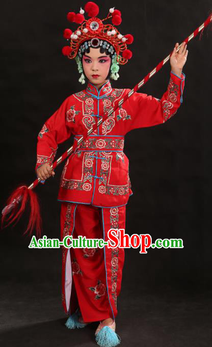 Professional Chinese Traditional Beijing Opera Blues Costume Ancient Swordswomen Red Clothing for Kids