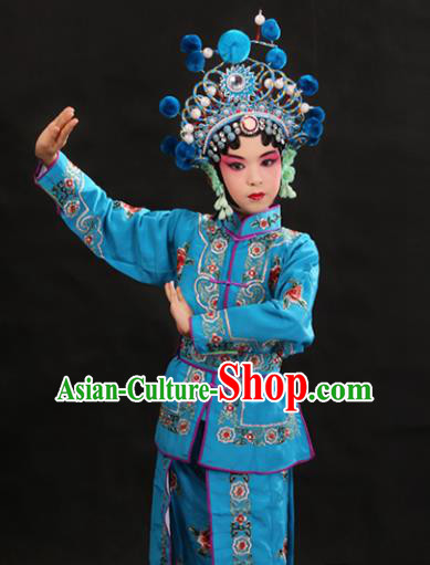 Professional Chinese Traditional Beijing Opera Blues Costume Ancient Swordswomen Blue Clothing for Kids