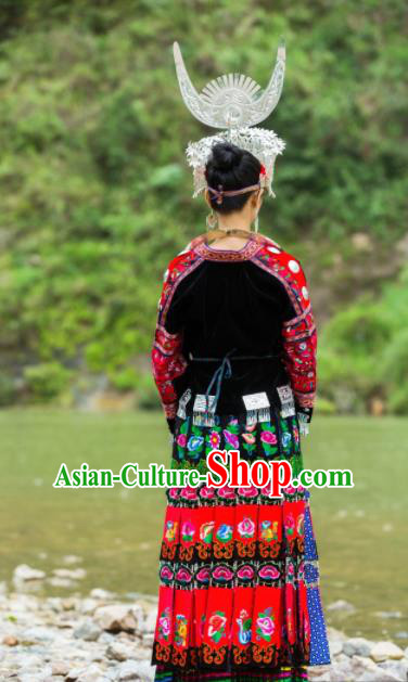 Chinese Traditional Ethnic Folk Dance Costume Miao Nationality Embroidered Dress and Headdress for Women
