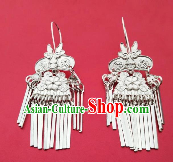 Chinese Traditional Ethnic Ear Accessories Miao Nationality Silver Tassel Earrings for Women
