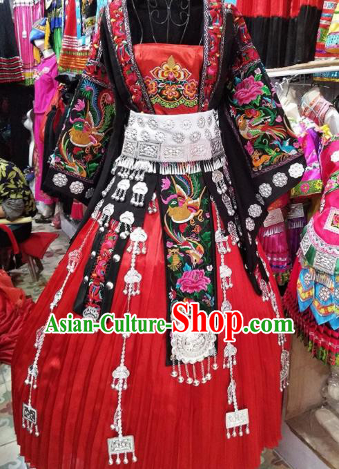 Chinese Traditional Hmong Ethnic Wedding Costume China Miao Nationality Folk Dance Embroidered Red Dress for Women