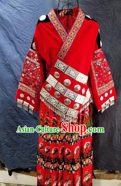 Chinese Traditional Hmong Ethnic Costume Miao Nationality Folk Dance Embroidered Red Dress for Women