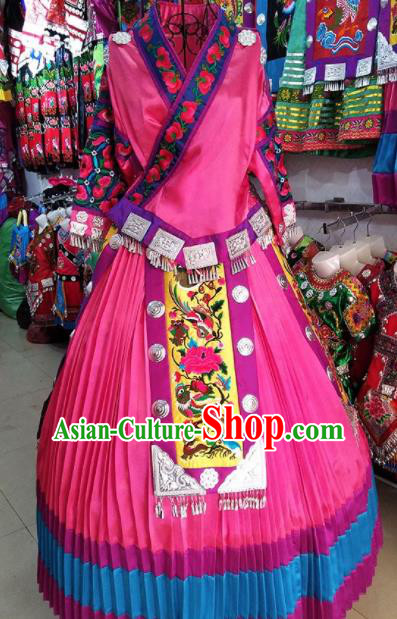 Chinese Traditional Hmong Ethnic Costume Miao Nationality Folk Dance Pink Dress for Women