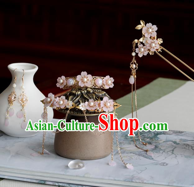 Chinese Traditional Hanfu Hair Accessories Ancient Princess Pink Flowers Hairpins Complete Set for Women