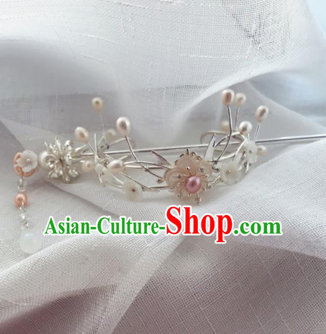 Chinese Ancient Princess Hairpins Pearls White Hair Crown Traditional Hanfu Hair Accessories for Women