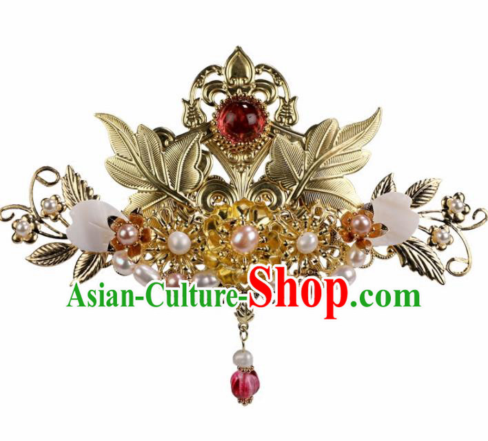 Chinese Ancient Princess Pearls Golden Hair Crown Hairpins Traditional Hanfu Hair Accessories for Women