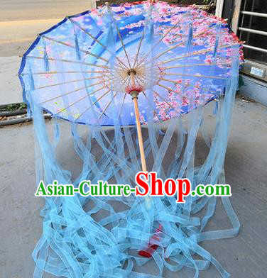 Chinese Ancient Drama Prop Blue Ribbon Umbrella Traditional Handmade Umbrellas