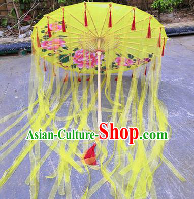 Chinese Ancient Drama Prop Umbrella Traditional Printing Yellow Ribbon Handmade Umbrellas