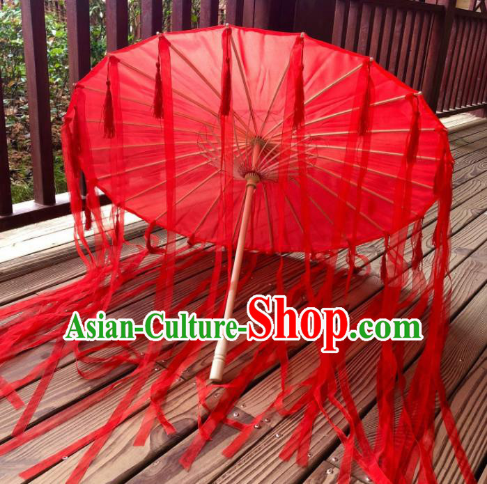 Chinese Ancient Drama Prop Umbrella Traditional Handmade Red Ribbon Umbrellas
