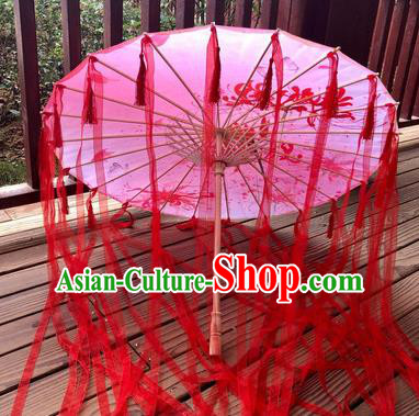 Chinese Ancient Drama Prop Printing Flowers Umbrella Traditional Handmade Red Ribbon Umbrellas