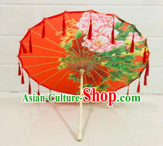 Chinese Ancient Drama Prop Printing Peony Silk Umbrella Traditional Handmade Red Tassel Umbrellas