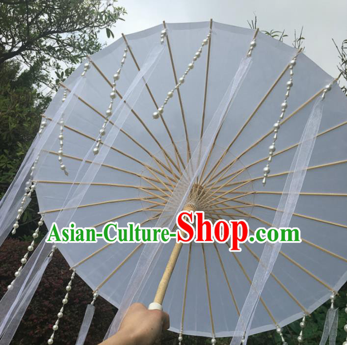 Chinese Ancient Drama Prop Beads Tassel Umbrella Traditional Handmade White Ribbon Umbrellas