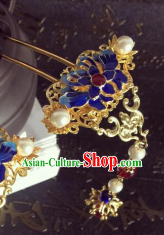 Chinese Ancient Princess Tassel Blueing Hairpins Traditional Hanfu Hair Accessories for Women