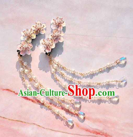 Chinese Ancient Princess Pink Flowers Hair Sticks Tassel Hairpins Traditional Hanfu Hair Accessories for Women