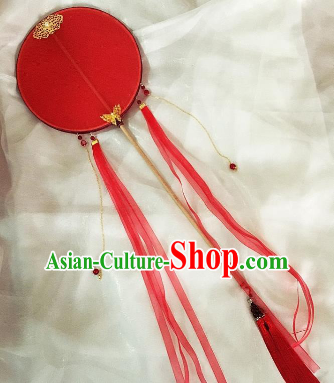Chinese Traditional Palace Fans Ancient Princess Hanfu Red Ribbon Tassel Round Fans for Women