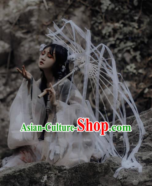 Chinese Ancient Princess White Ribbon Umbrella Traditional Handmade Umbrellas for Women