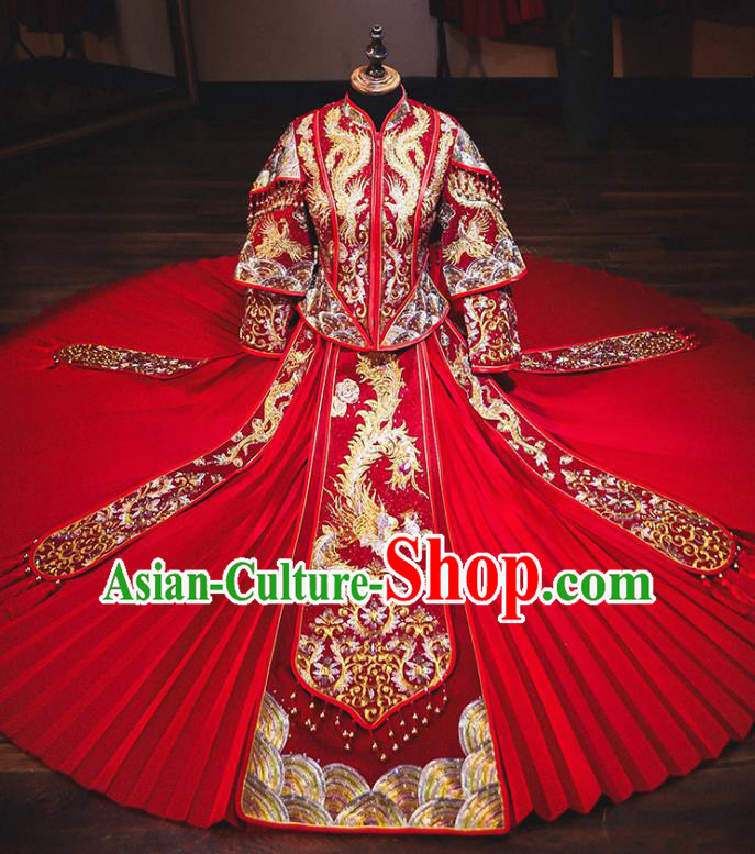 Chinese Traditional Bride Red Xiuhe Suit Ancient Wedding Embroidered Diamante Phoenix Dress for Women