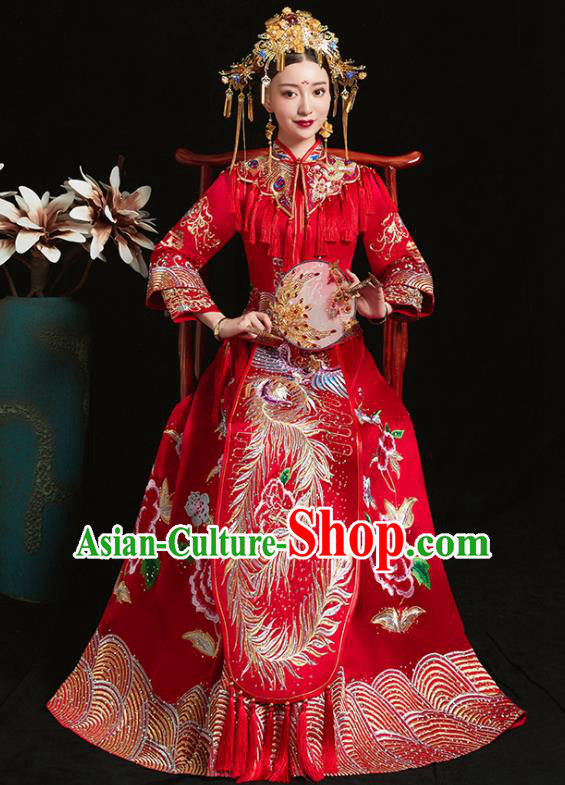 Chinese Traditional Bride Red Xiuhe Suit Ancient Wedding Embroidered Phoenix Peony Dress for Women