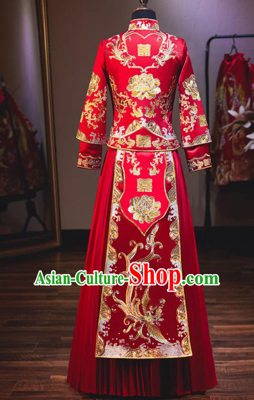 Chinese Traditional Bride Costume Red Xiuhe Suit Ancient Wedding Embroidered Phoenix Peony Dress for Women