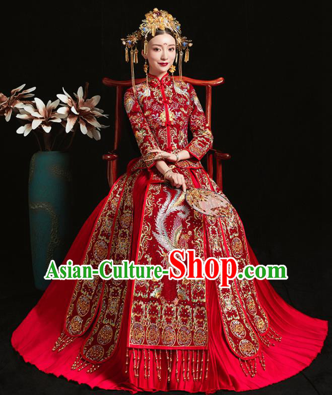 Chinese Traditional Bride Diamante Costume Embroidered Phoenix Peony Xiuhe Suit Ancient Wedding Dress for Women