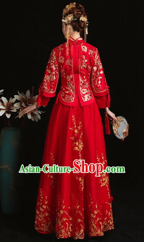 Chinese Traditional Bride Costume Embroidered Phoenix Xiuhe Suit Ancient Wedding Red Veil Dress for Women