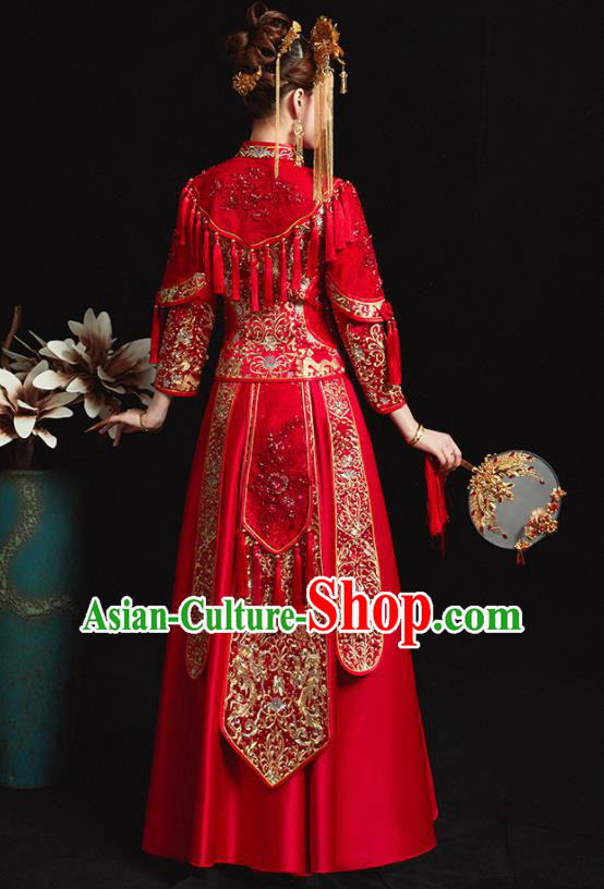 Chinese Traditional Bride Costume Embroidered Xiuhe Suit Ancient Wedding Red Tassel Dress for Women