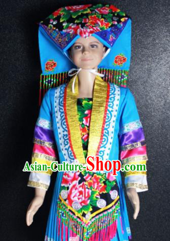 Chinese Traditional Zhuang Nationality Blue Clothing Ethnic Folk Dance Costume for Kids