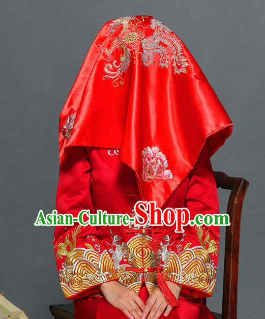 Chinese Ancient Wedding Embroidered Phoenix Curtain Traditional Bride Headdress Red Veil for Women