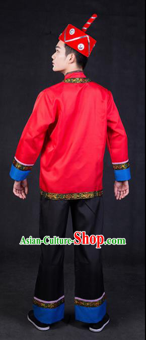 Chinese Traditional Yi Nationality Red Clothing Ethnic Bridegroom Folk Dance Costume for Men