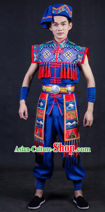 Chinese Traditional Yao Nationality Royalblue Clothing Ethnic Bridegroom Folk Dance Costume for Men